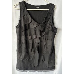 Ann Taylor Loft Sleeveless Blouse Ruffles &‎ Fringe Black LG Polyester